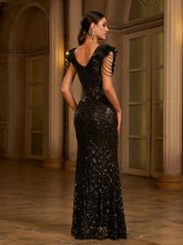 Black Sequin Chain Ruffled Cocktail Dress